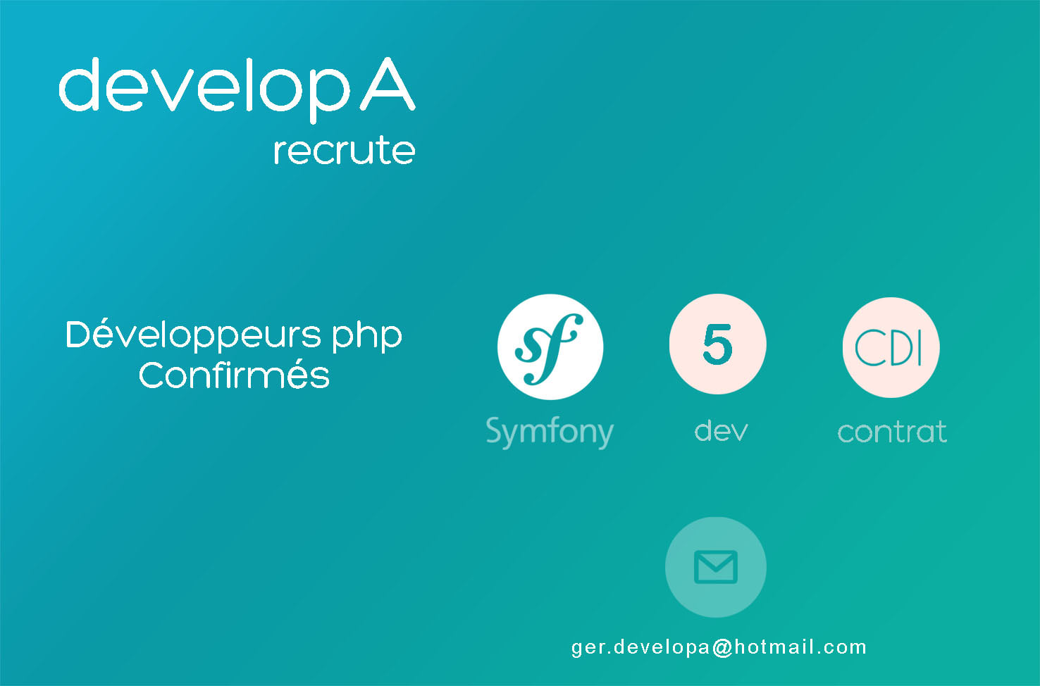 DevelopA recrute 5 développeurs confirmés en Symfony pour un contrat CDI.