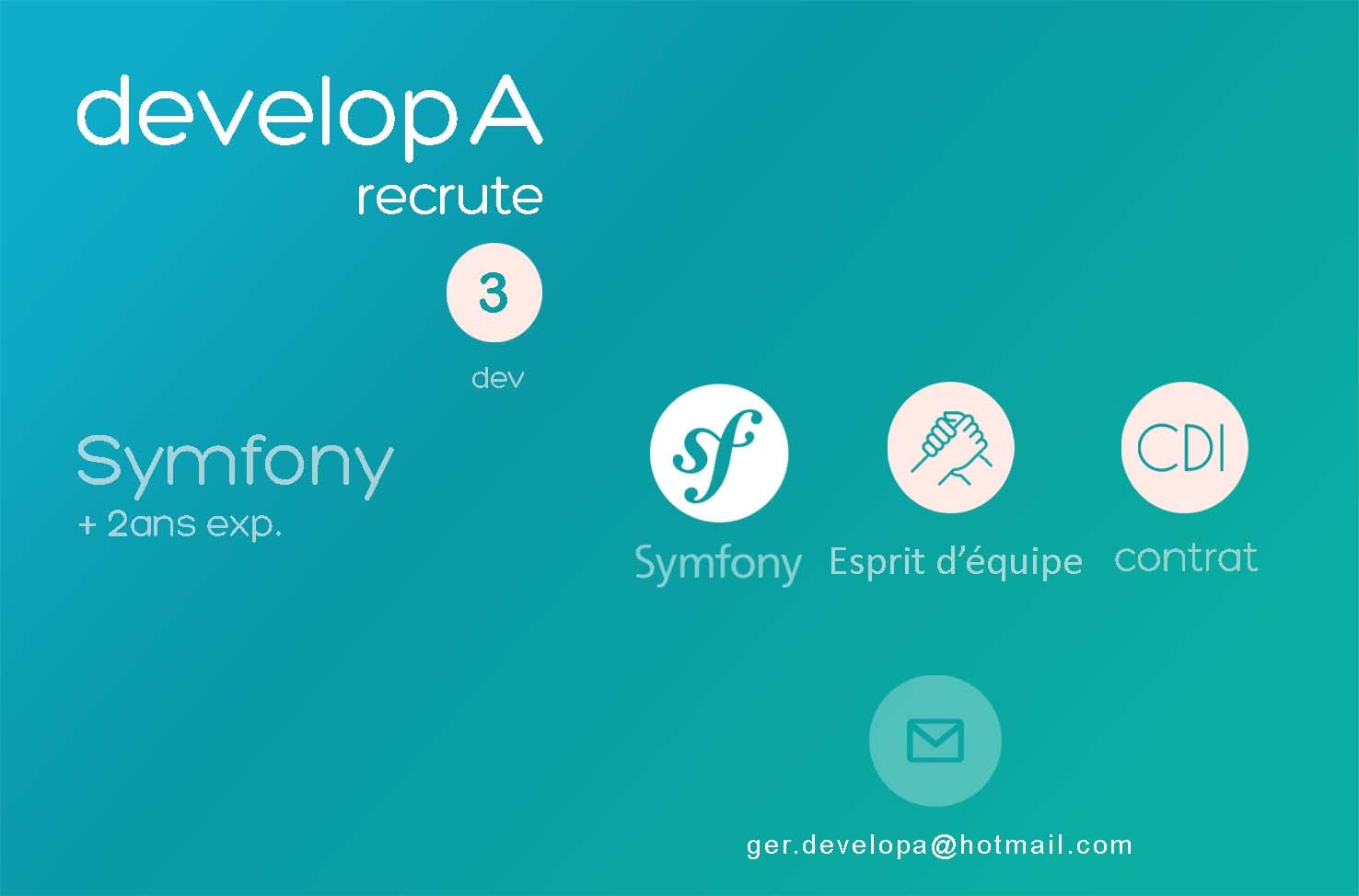 DevelopA recrute 3 développeurs confirmés en Symfony [+2ans d’expérience] pour un contrat CDI.