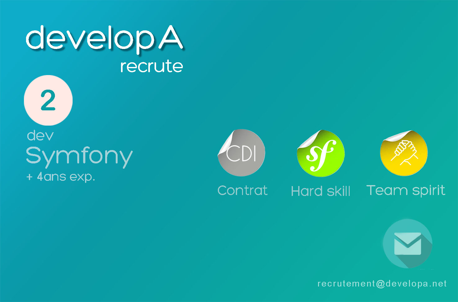 DevelopA recrute 2 développeurs Symfony (4ans d’expérience) pour un contrat CDI.